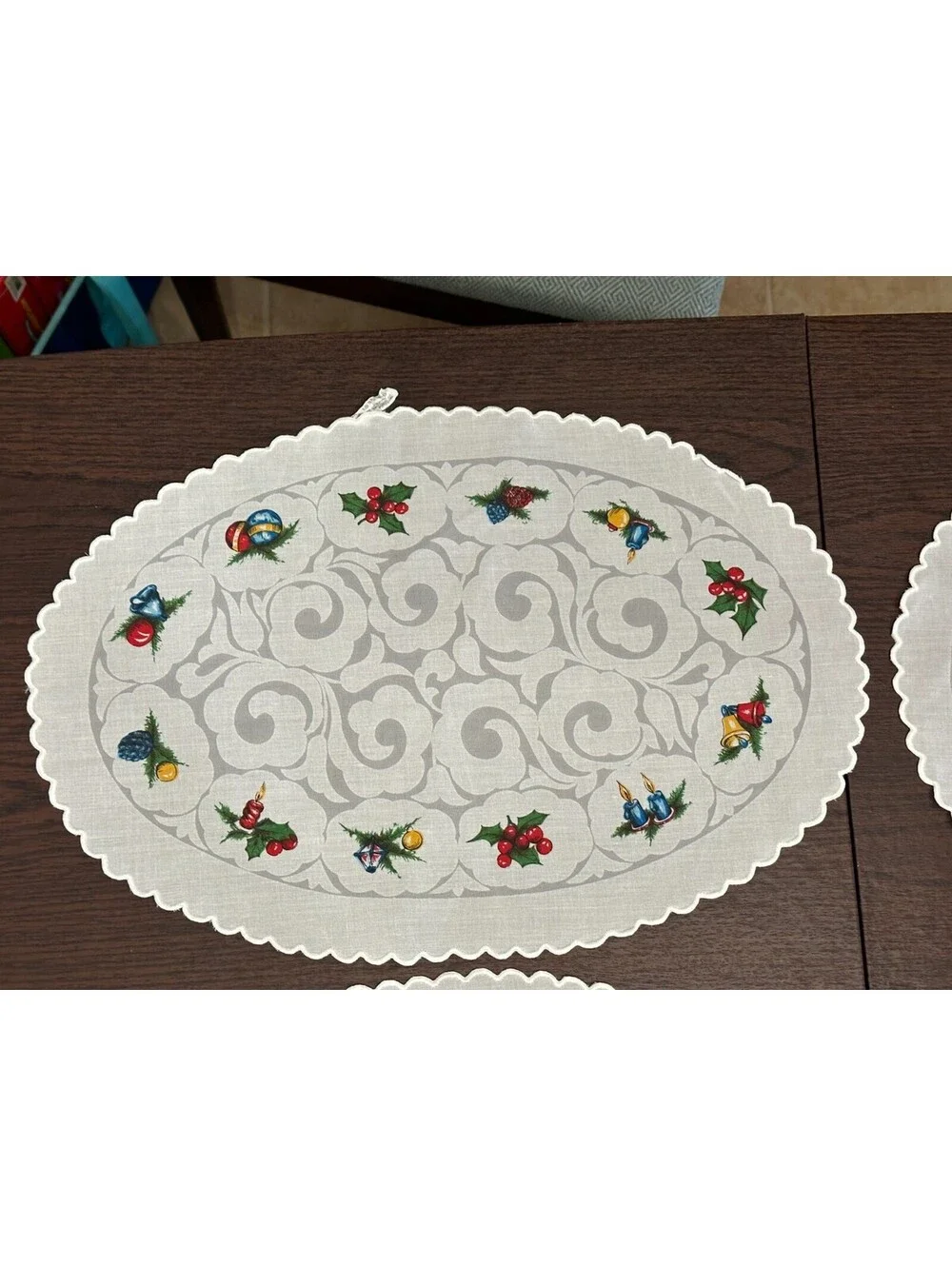 Vintage Christmas Peixoto Placemats 6 Oval Made in Portugal Wreath Holly